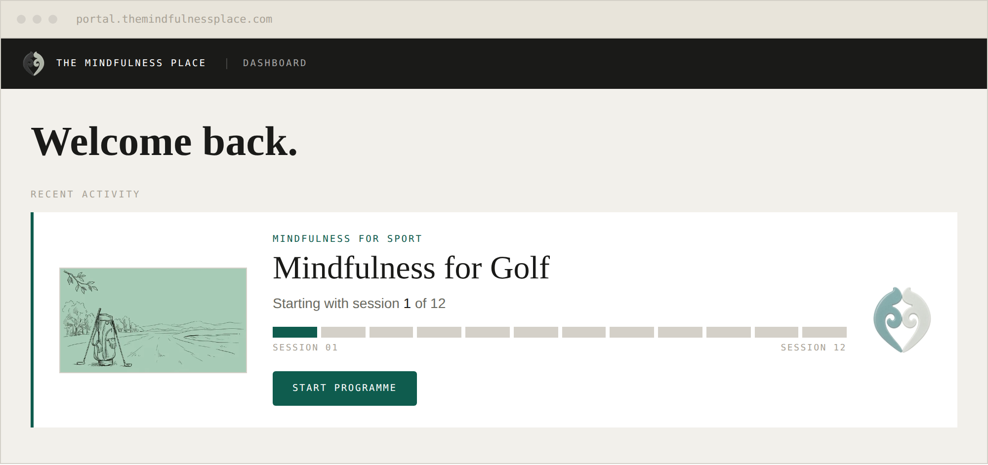 The member portal dashboard showing Mindfulness for Golf.