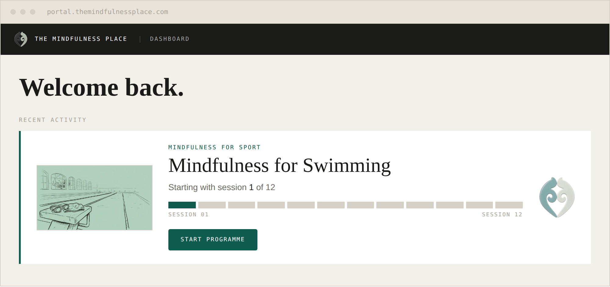 The member portal dashboard showing Mindfulness for Swimming.