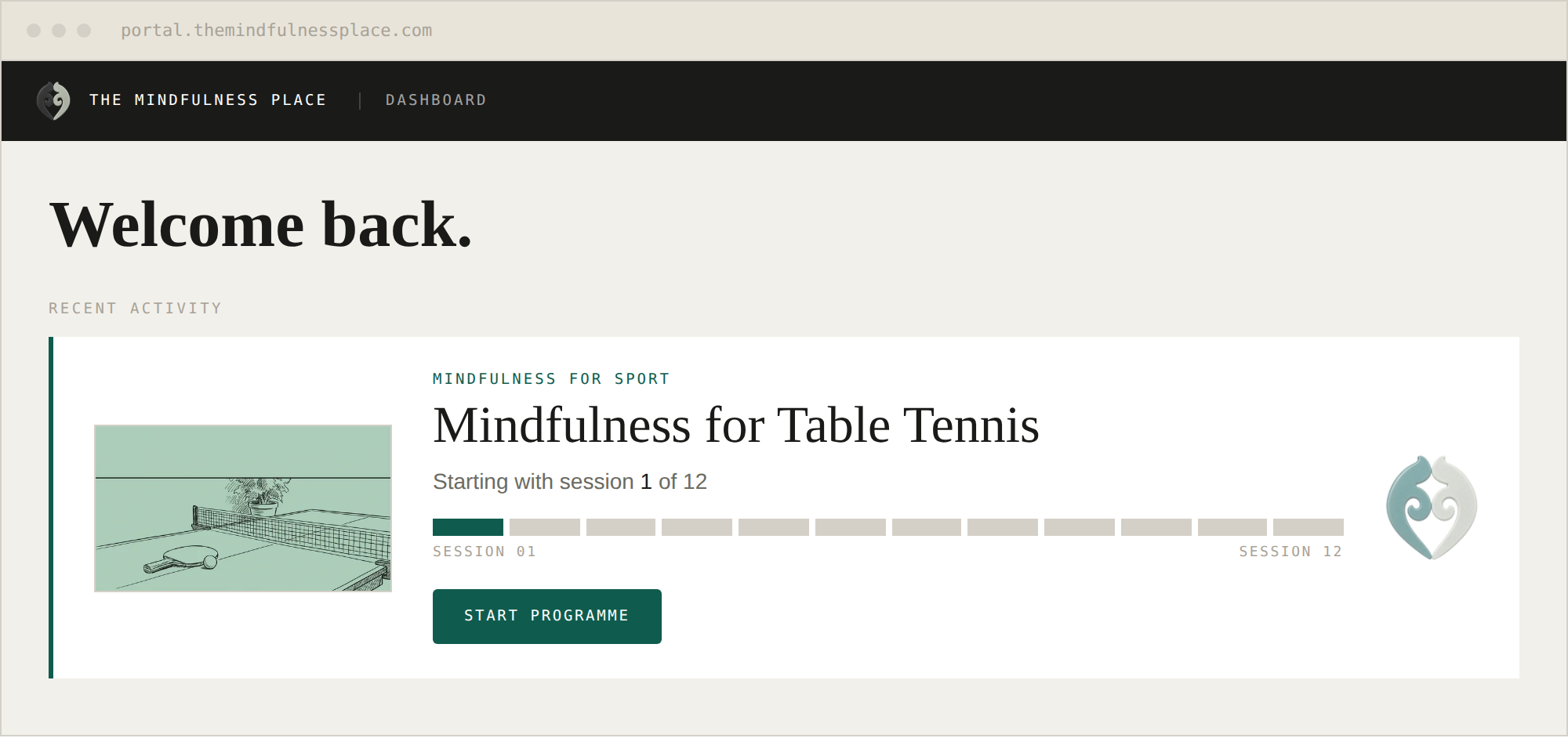 The member portal dashboard showing Mindfulness for Table Tennis.